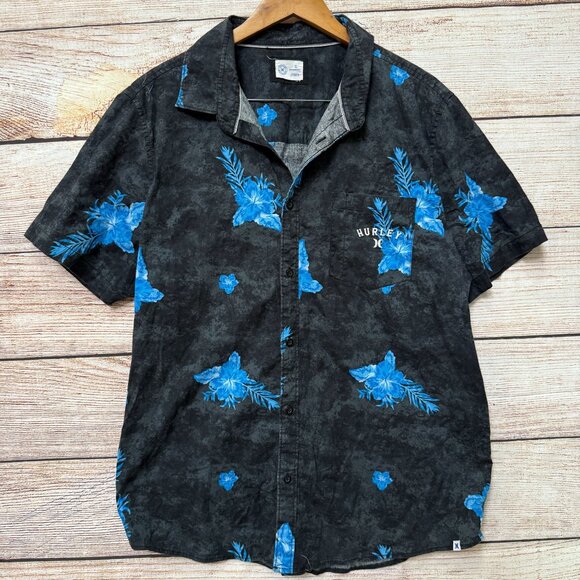 Hurley Mens Floral Button-Up Shirt Black Blue Hawaiian Short Sleeve Size XL - Picture 1 of 11